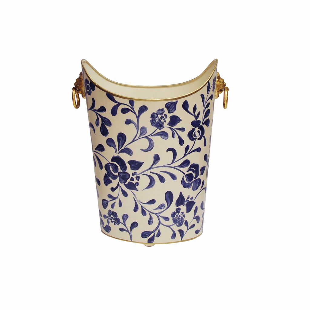 Fig Linens - Worlds Away - Navy & White Wastebasket with Lion Handles