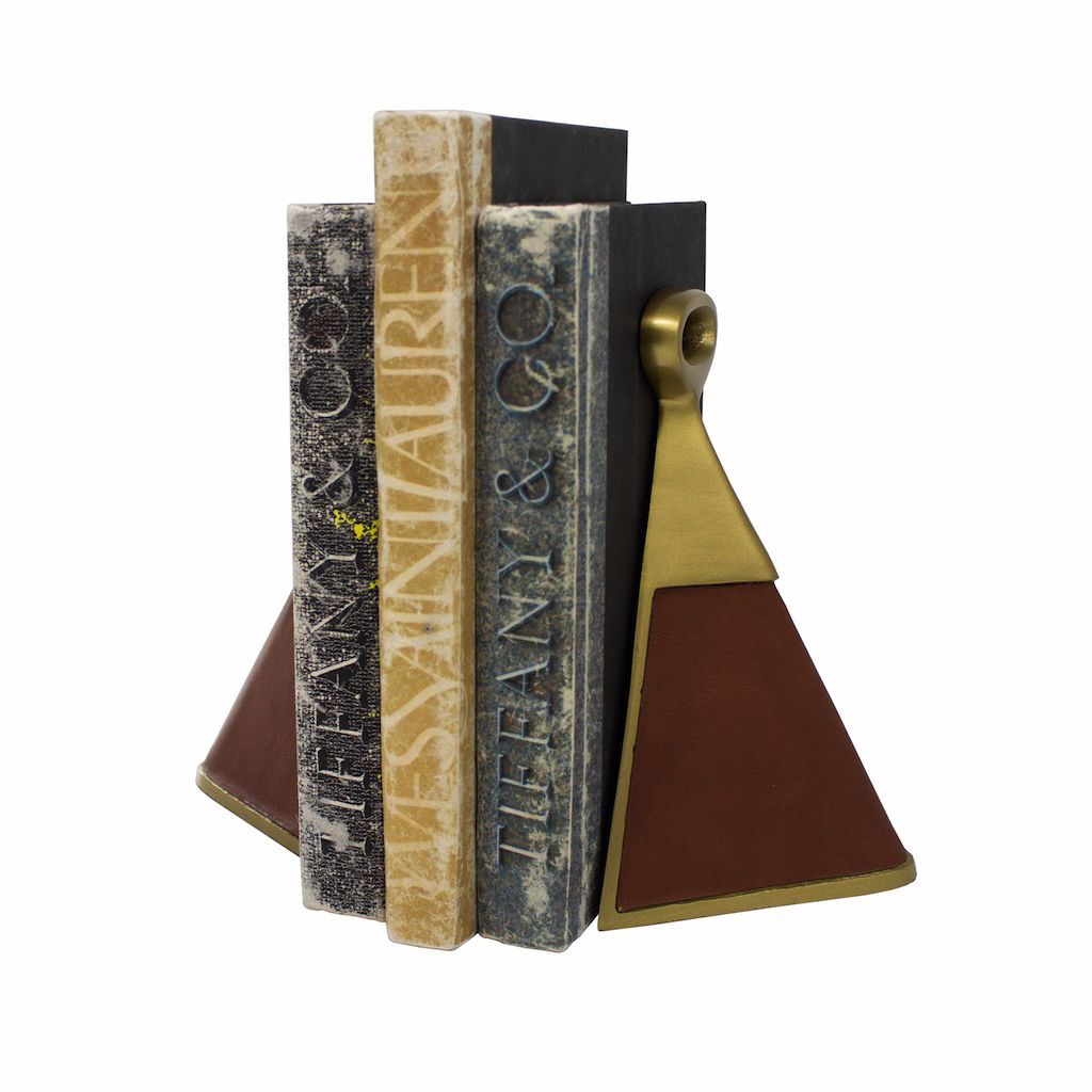 Fig Linens - Hooper Antique Brass &amp; Brown Faux Leather Bookends 