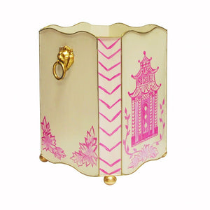 Fig Linens - Pink Chinoiserie Wastebasket with Gold Lion Handles | Fig Linens