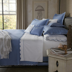 Diamond Pique Duvet shown on Bed- Matouk Diamond Pique Duvet in Azure Blue at Fig Linens and Home