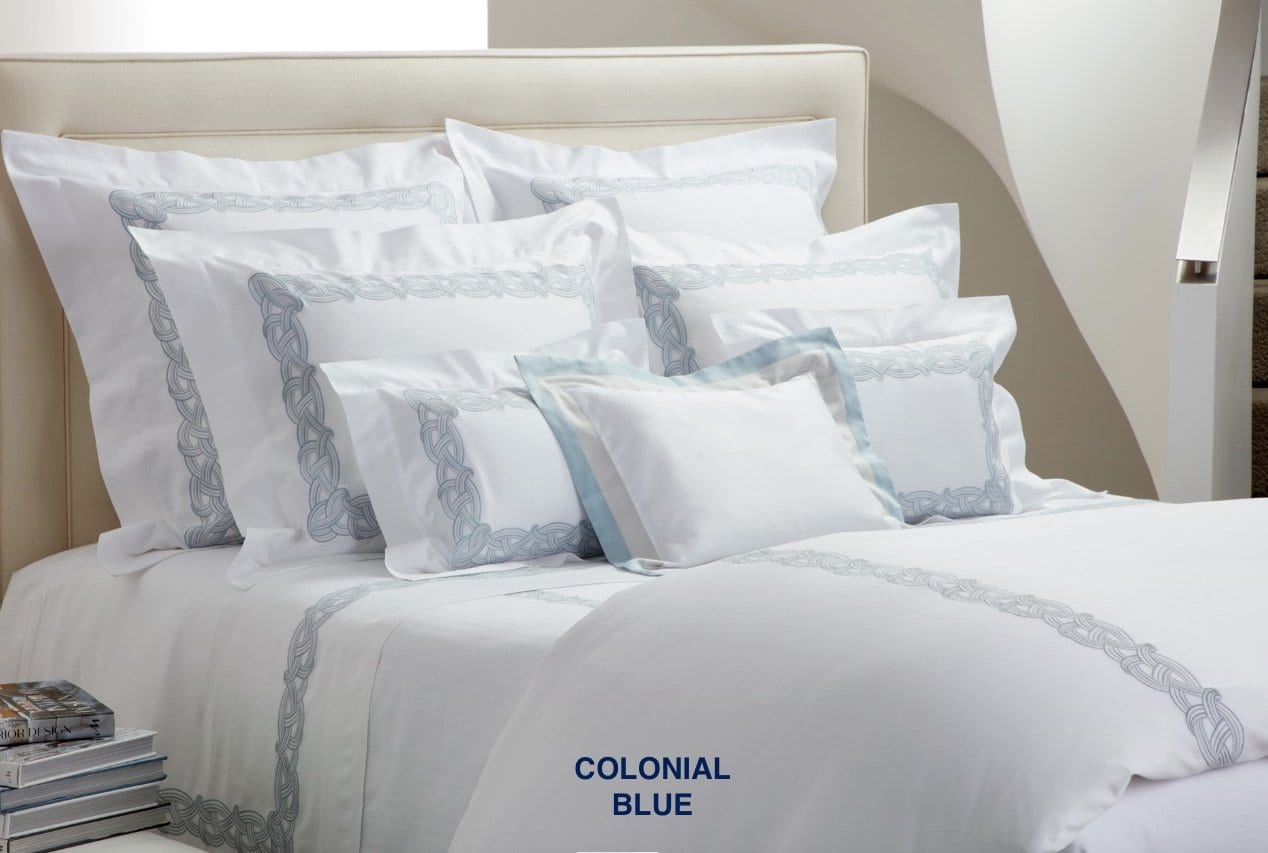 manarola embroidery colonial blue bedding by dea fine linens - fig linens