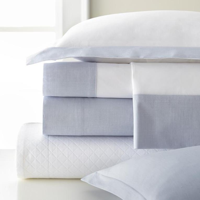 Fig Linens - White Percale with Positano Chambray Flange Bedding by Legacy Home | Fig Linens