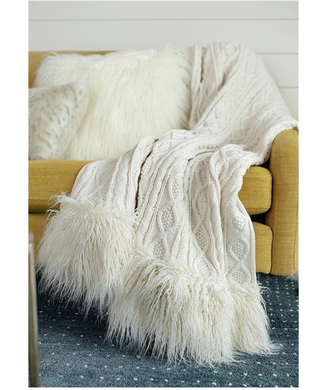 Ivory Cable Knit Throw with Faux Mongolian Fur Trim -  Fabulous Furs | Fig Linens