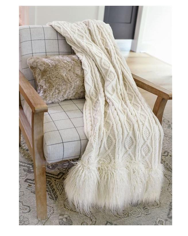 Lifestyle - Ivory Mongolian Trim Knit Throw by Fabulous Furs | Fig Linens