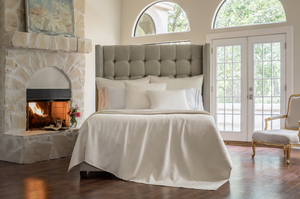 Lili Alessandra Retro Ivory Bedding in Room with Fireplace