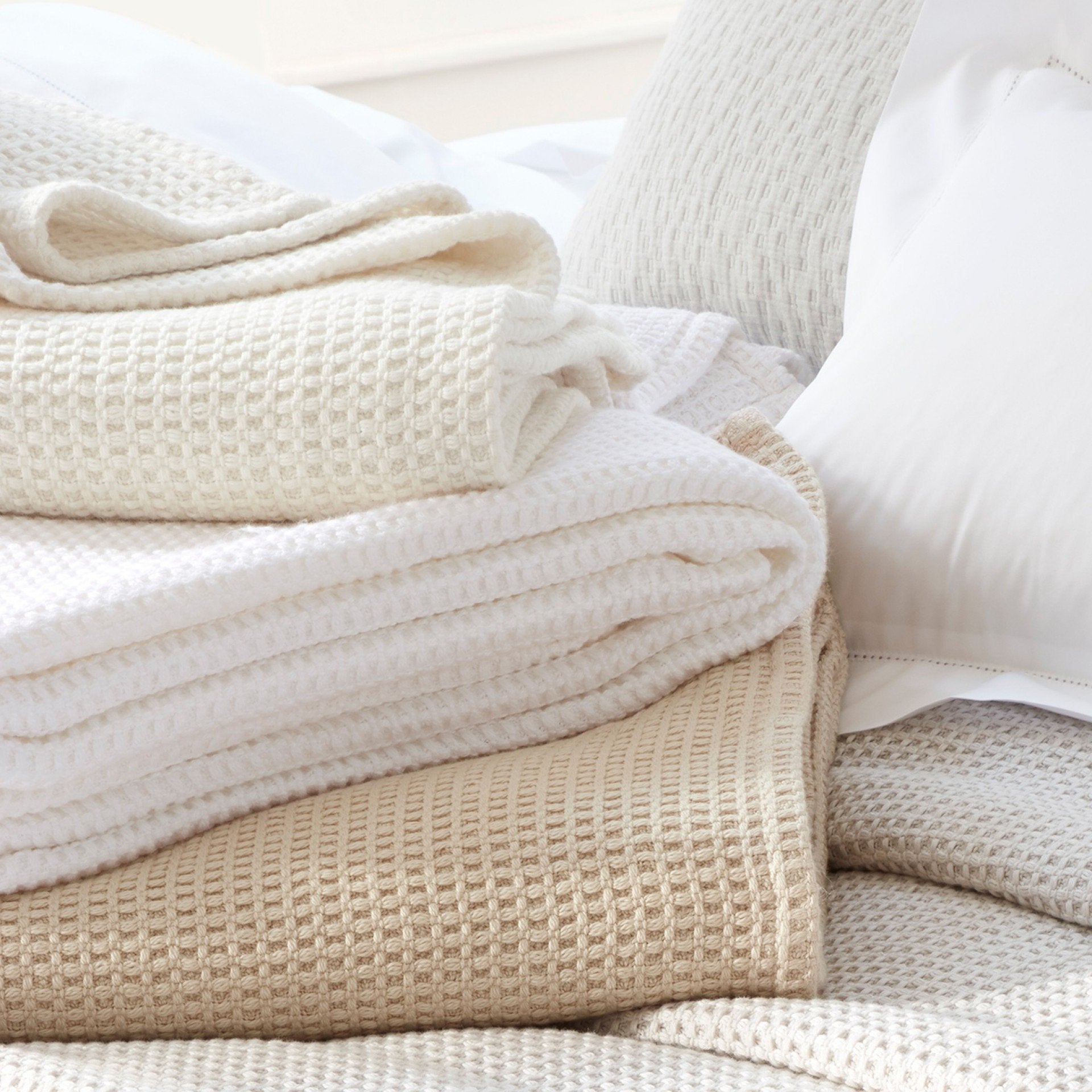 Stack of Matouk Cotton Blankets | Chatham Blanket at Fig Linens