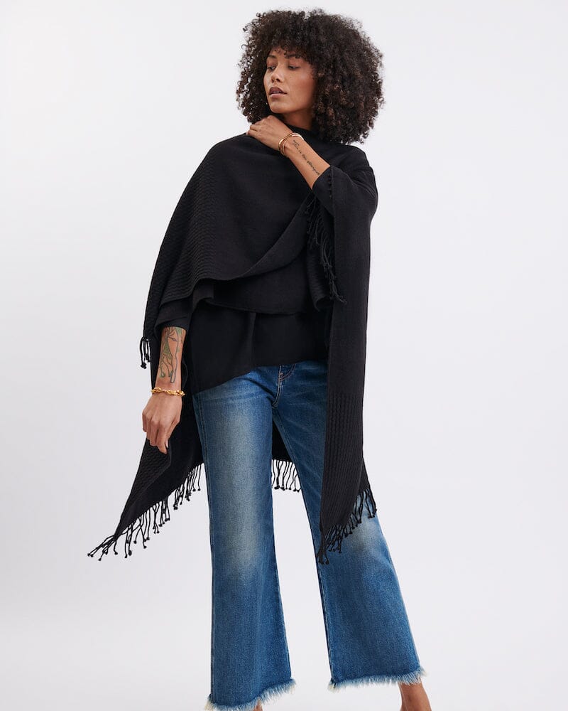 Mer Sea Ink Black Classic Travel Wrap with Fringe | Mersea Shawl - Fig Linens and Home 5