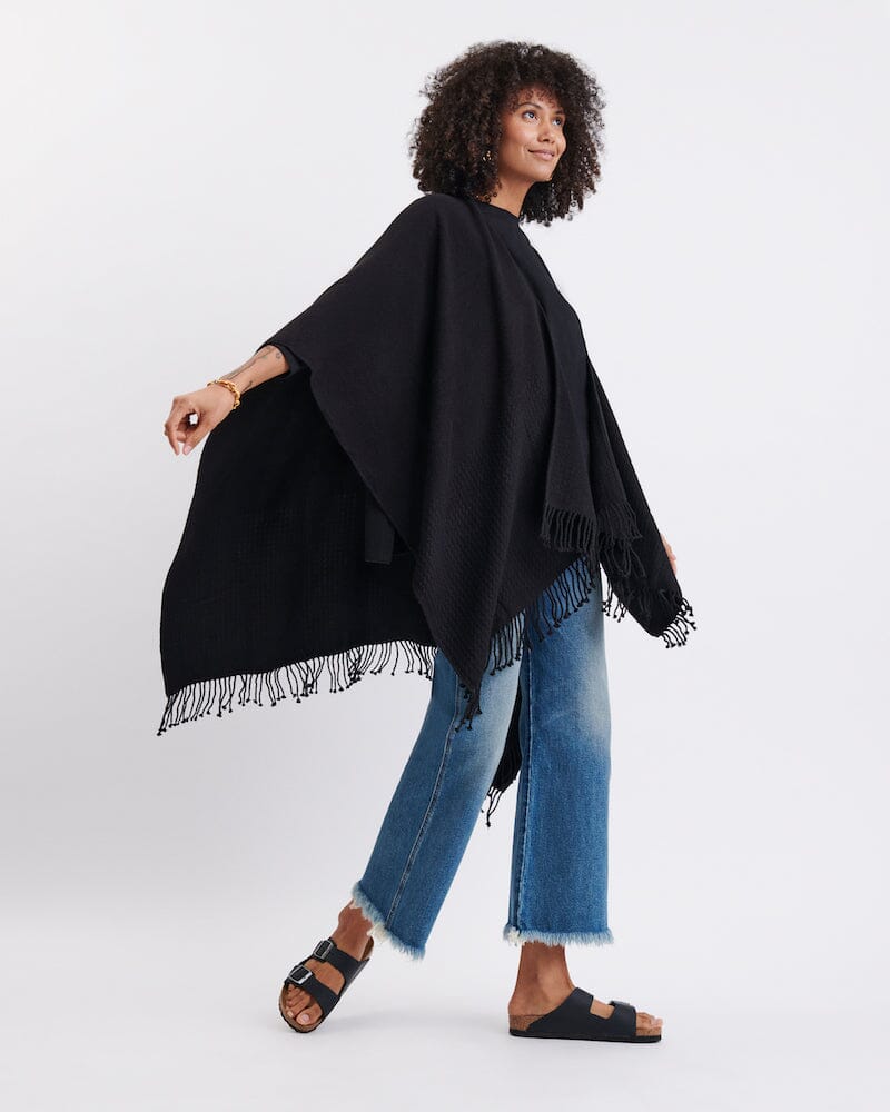 Mer Sea Ink Black Classic Travel Wrap | Mersea Shawl on Beautiful Model - Fig Linens and Home 1
