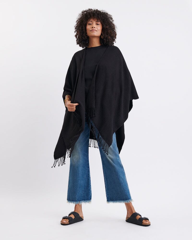 Mer Sea Ink Black Classic Travel Wrap | Mersea Shawl on Beautiful Model - Fig Linens and Home 2