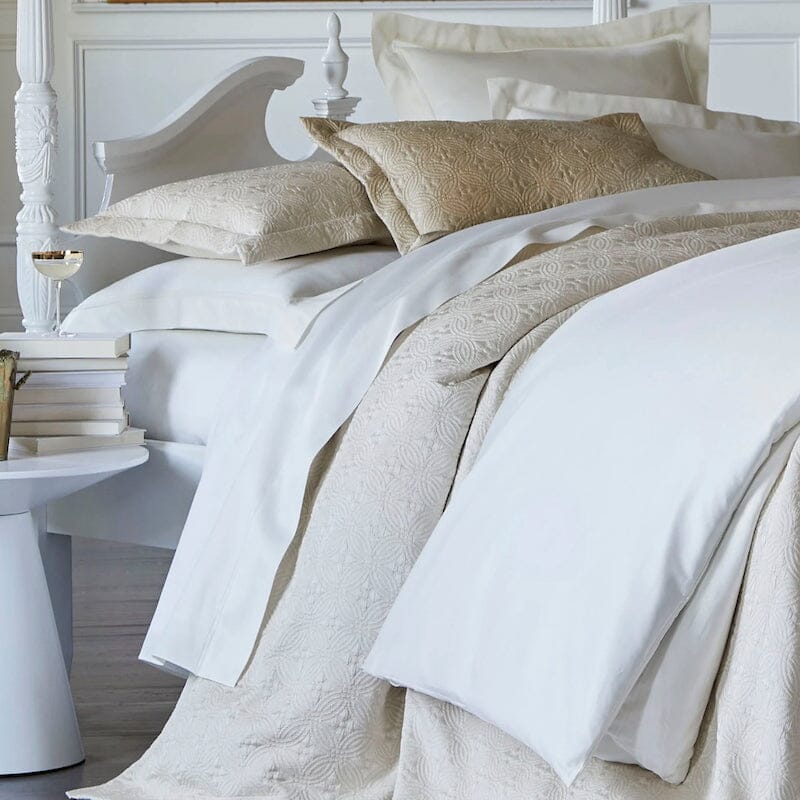 Peacock Alley Coverlet - Lucia Shown in White, Champagne and Pearl on Bed