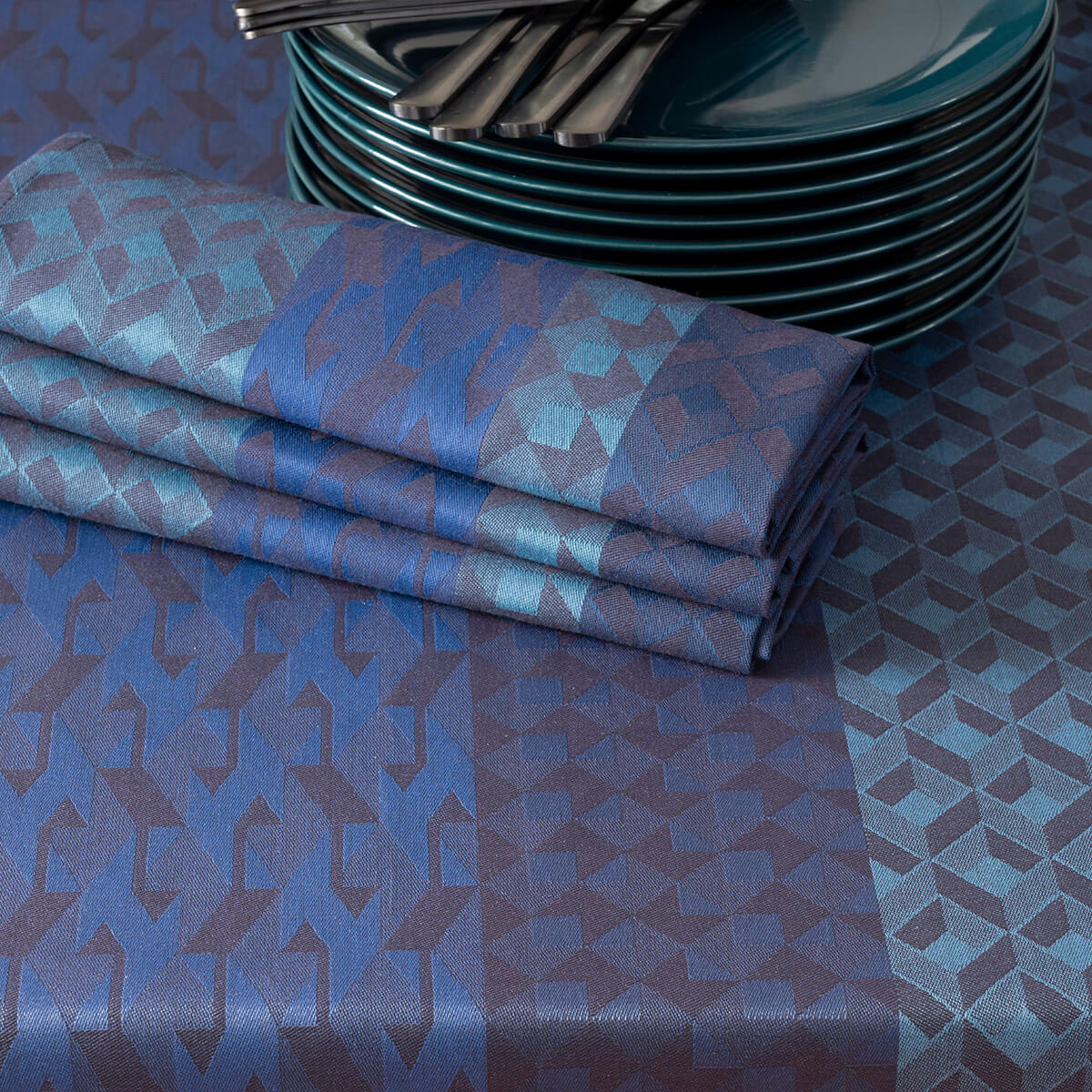 Caractere Coated Cotton Blue Tablecloths Detail | Le Jacquard Français at Fig Linens and Home