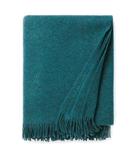 Vimmo Peacock Wool Throw by Sferra | Fig Linens - Teal merino wool throw blanket with fringe