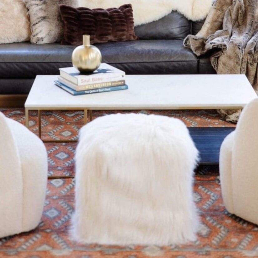 White Faux Fur Stool - Tibetan Lamb Pouf in White by Fabulous Furs - Lifestyle Photo in Room