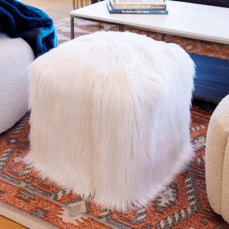 White Faux Fur Stool - Tibetan Lamb Pouf in White by Fabulous Furs - Lifestyle Photo in Room - 2